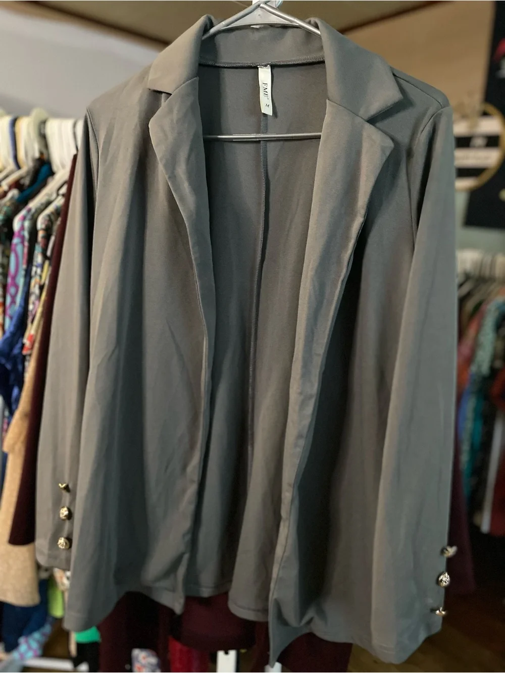 Slate Gray Open-Front Blazer with buttons down the sleeves